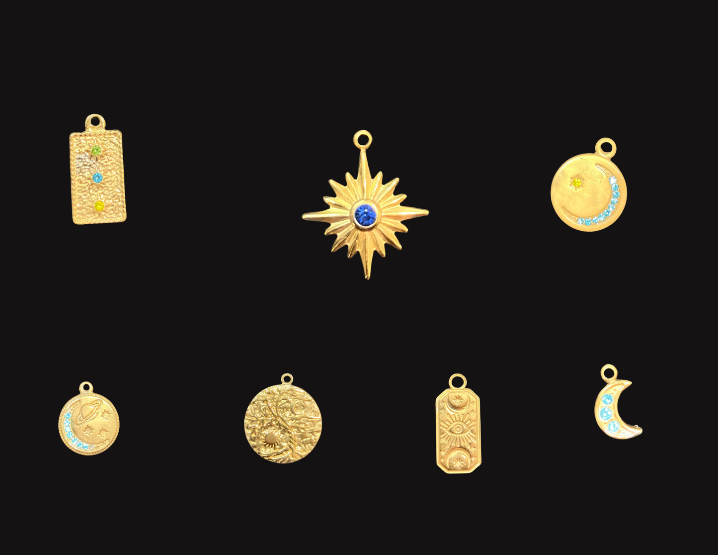 HAND MADE UNIQUE VALENTINES DAY SPECIAL- 24K Gold Plated Moon & Star Charms Pendants | 7-Piece Celestial Jewelry Set